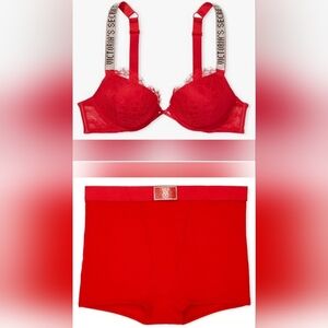38D/XXL Victoria's Secret Shine Strap Bombshell Bra Shine Patch Panty Set Red